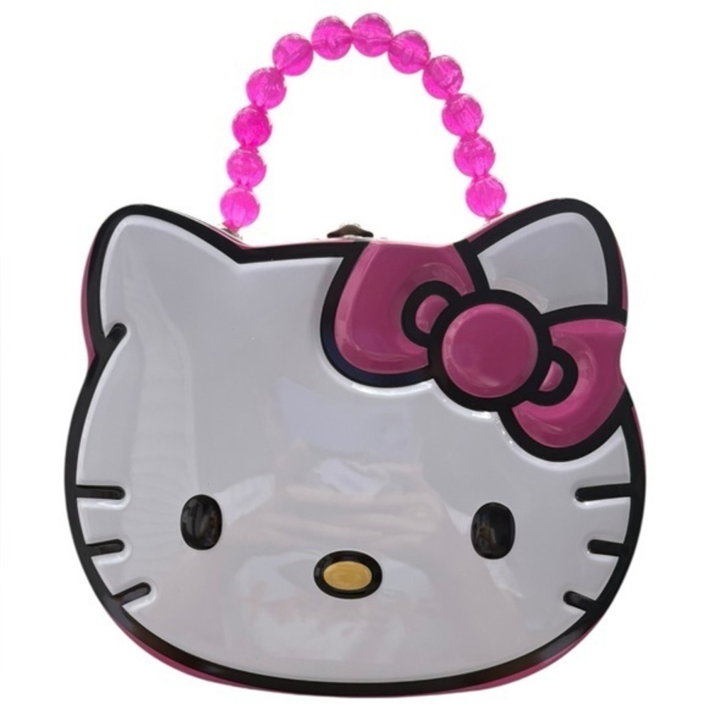 Sanrio Hello Kitty Face Pink and White Bead Handle Tin Lunch Box Purse